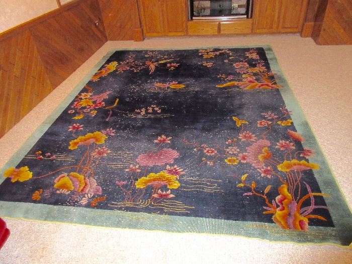 antique 1930's art deco chinese nichols room sized rug, a beauty. Shows wear, so we priced it as such, but VERY restorable