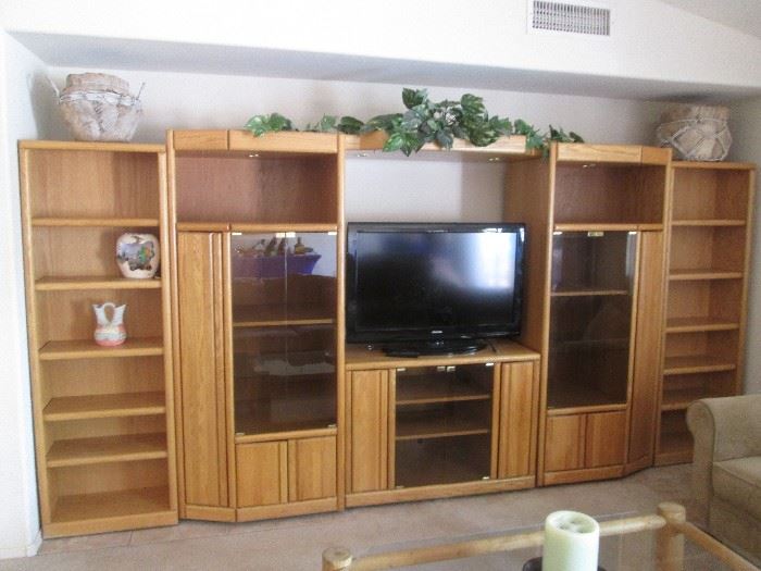 5-Piece Entertainment Unit.  So versatile, use as is or break up the pieces for different rooms!  2-Bookcases,   2-Display and Storage Units and 1-Flat Screen Unit.  The 3 center units are lighted and on rollers.