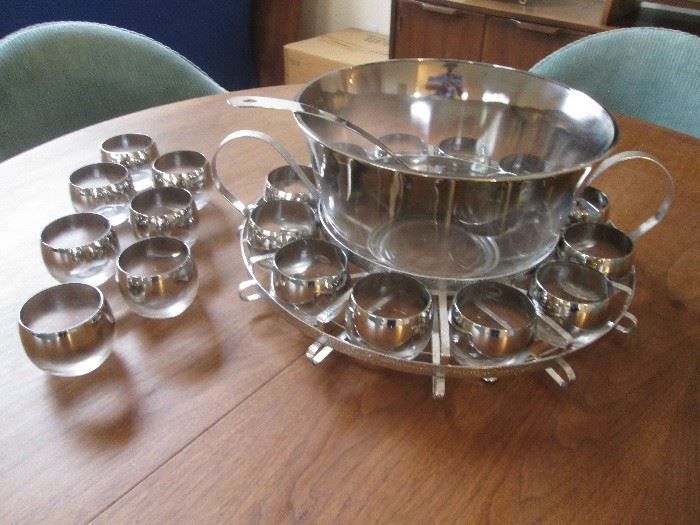 MCM Punch Bowl with Silver Trim and 19 Roly Poly Cups and Ladle by Dorothy Thorpe, Wonderful group!