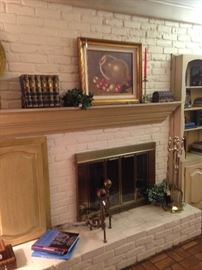 Antique brass cannonball andirons; fireplace tools