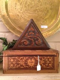 Triangular shaped box; round brass tray