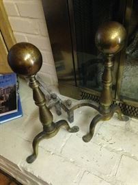 Antique brass cannonball andirons