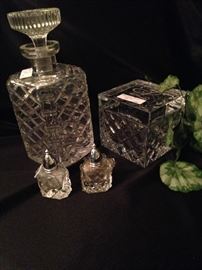 Pressed glass decanter, box, and salt & pepper set