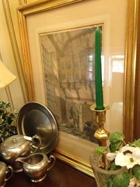 Gallery in the Hall Hatfield Herts  by Joseph Nash; pewter tea set