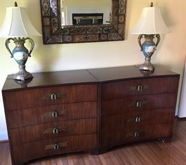 Pair of 1940s Grosfeld House chests by Lorin Jackson. Nightstands and bed also for sale. 