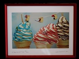 Surreal ice cream tableau (skiers going on the slopes)