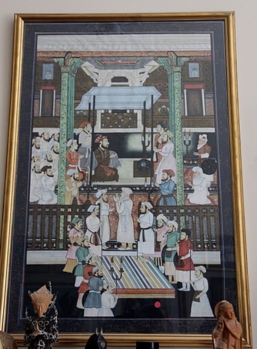 Large original artwork - Indian Mughal-style scene, hand painted on silk and professionally framed