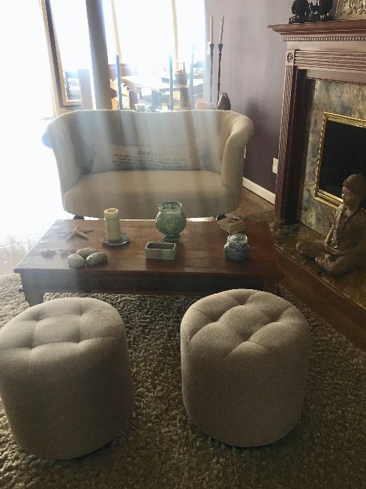 Loveseat, ottomans, coffee tables