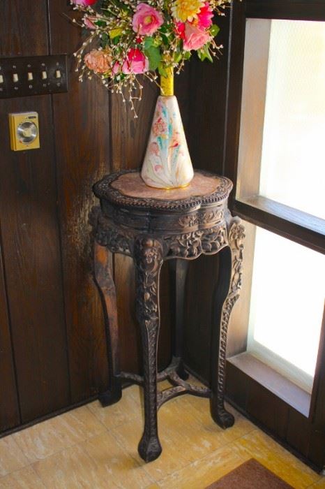 Inlaid, Carved Round Side Table with Decorative Vase