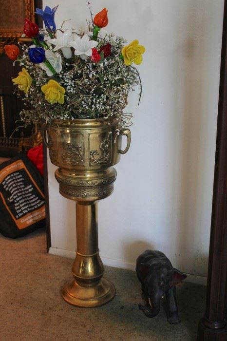 Metal Pedestal Pot / Ice Bucket. You decide! with Floral Arrangement and Small Elephant Figurine