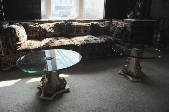 Plaid Sofa and Pair of Round Glass Topped Pedestal Coffee Tables