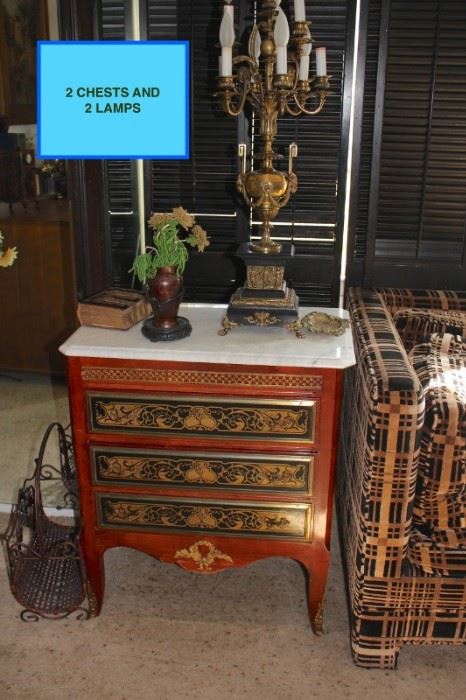 Pair of Inlaid Commodes with Bronze Ormalu and Pair of Vintage Candelabra Lamps
