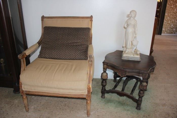 Upholstered Chair with Accent Pillow and side Table with Figurine in White