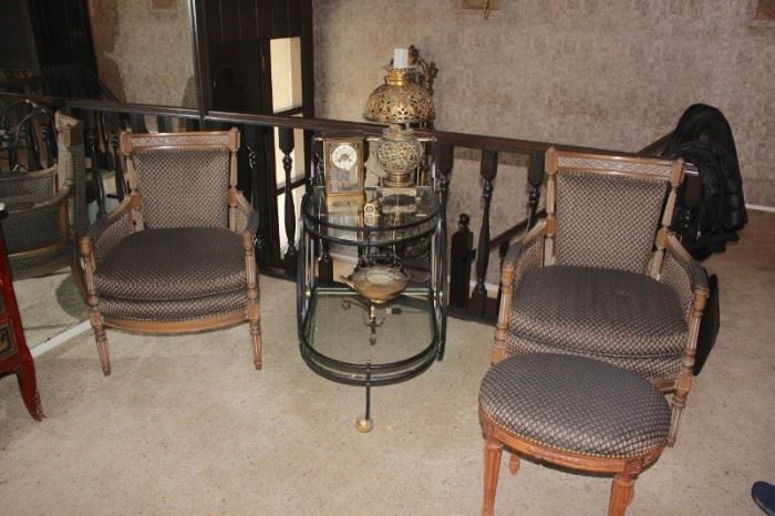 Pair of Upholstered Chairs , Ottoman and Round Metal & Glass Side Table with Decorative Pieces
