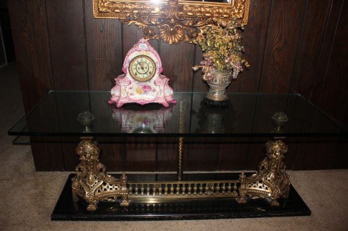 Antique Brass Fender Table with Glass Top, Vintage Porcelain Clock and Decorative Vase