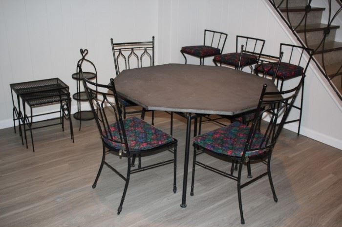 Octagonal Table with 4 Chairs and 3 Pub Height Stools and 3 Tiered Side Table and Set of 3 Stacking Tables