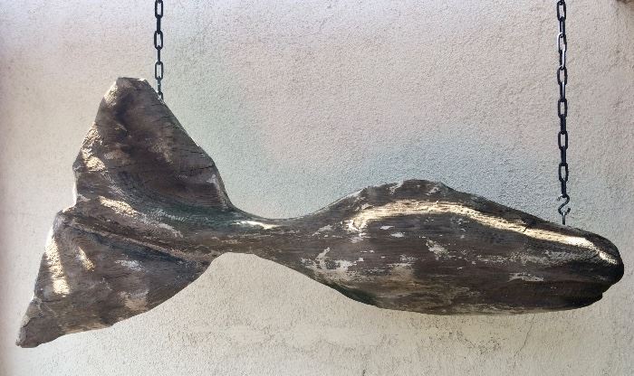Large Sculpture of a Whale from Beach Wood, Signed Byrd's, by Byrd Baker, founder of “Save The Whales”, Mendocino, CA