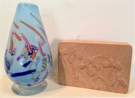 Carved Box with Iris by Peter Kwasniews; Modern Art Glass Vase by Homer A. Kozca