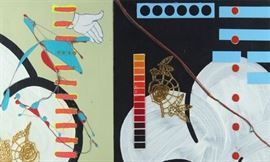 PACIFIC STANDARD TIME, 2009, acrylic painting with collage on wood panel, 11 ¼ x 19 ¾”.