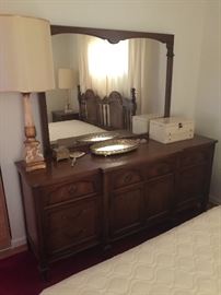Double dresser and mirror, lamp, jewelry box, hand mirror, over glass tray