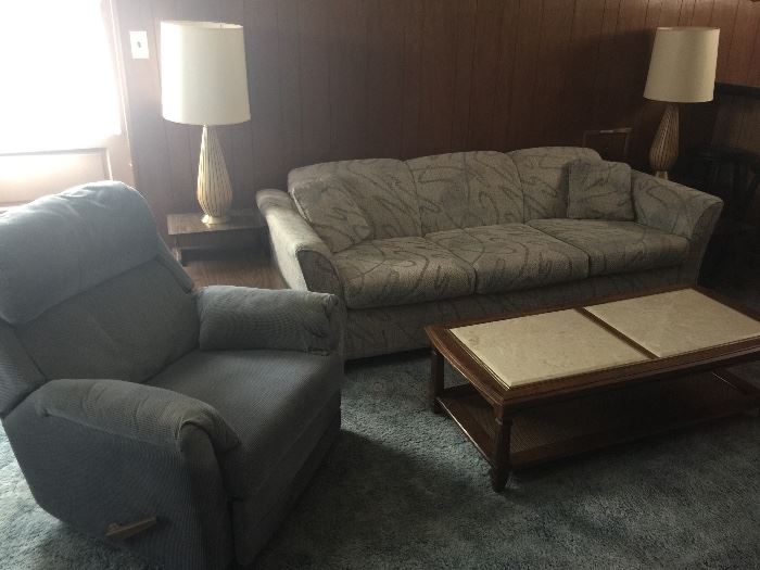 Recliner, coffee table, couch end tables, lamps