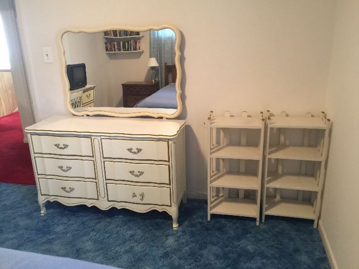 white double dresser with mirror and shelving