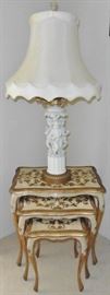 Florentine nest of tables-SOLD.  Lamp with gilt arms over white bisque cherub base. Beautiful lampshade in great condition.