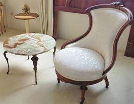 Italian onyx top table over brass base. Victorian parlor chair