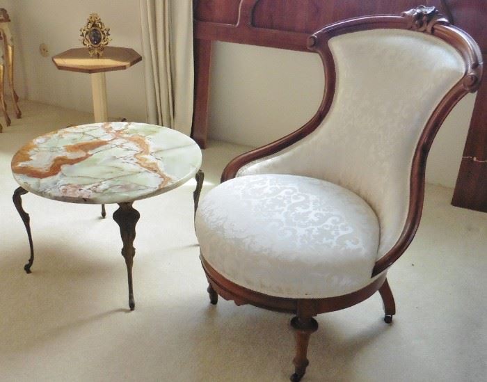 Italian onyx top table over brass base. Victorian parlor chair