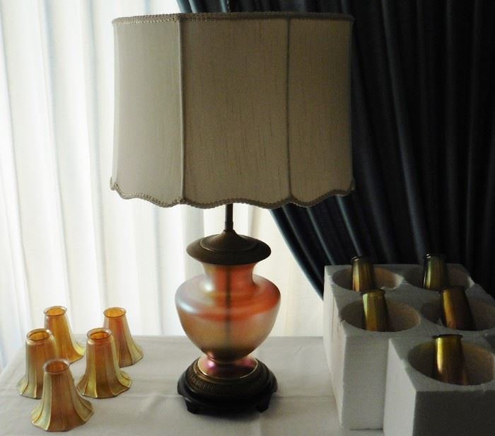 Quezal lamp shades. There are fixtures that go with the shades but  not original. Steuben lamp.