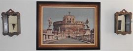 Shadowboxes sold. Two fancy shadowboxes; framed tapestry-do you recognize bldg?