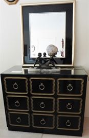 Black and gold 3 drawer chest..chest sold. Mirror and deco lamp available.