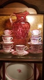 Cranberry Glass pitcher, Spode demitasse cup and saucers