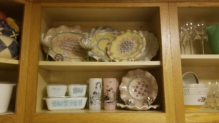 Nice selection of Mackenzie Childs Victoria & Richard pattern with vintage fridge boxes, and tall glasses