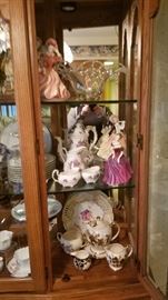 Royal Doulton and Florence Ceramics figurines, Duncan Miller bowl, Royal Albert, and Sadler set