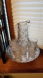 American Cut Glass water set on silver plate pedestal