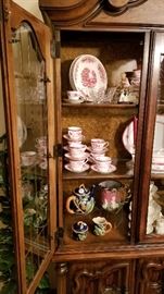 Top shelf is Brendan by Erin Stoneware, Waterford bowl, Meissen Demitasse cup & saucer, middle shelf Spode China, bottom shelf  Majolica