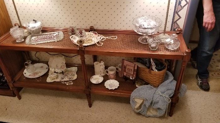 Great French Cane sofa table holding additional jewelry including sterling silver and nice Longenberger Purse 