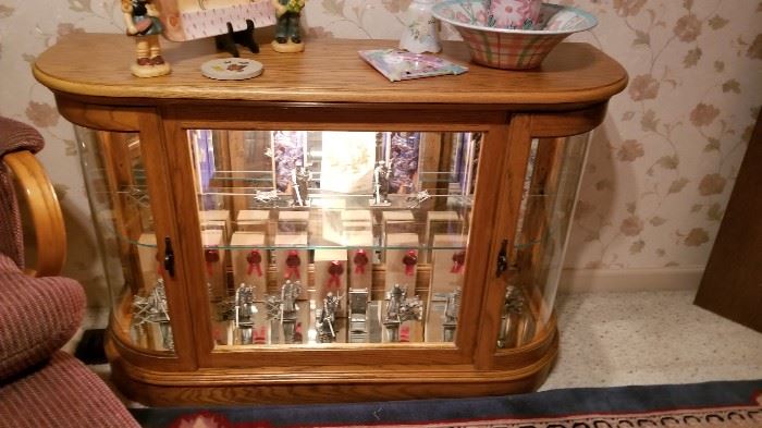 Nice Oak Curio Cabinet filled with Knights of the Roundtable Statues