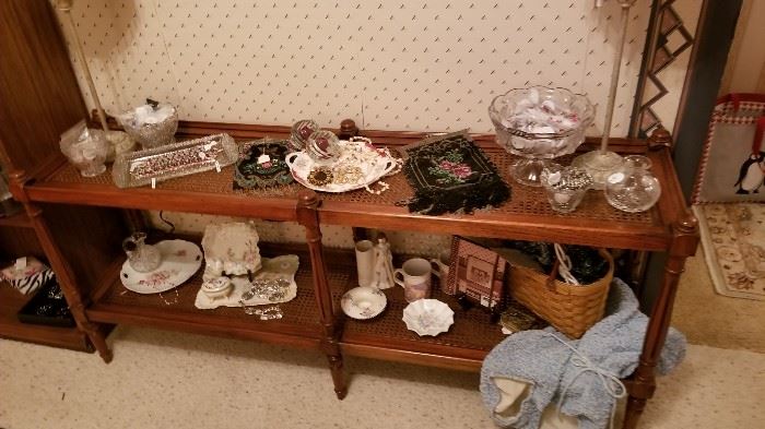Nice view of French Cane Sofa Table with Antique beaded purses, Longenberger basket purse with great selection of jewelry. 
