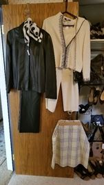Leather Jacket & pants, St John outfit with Kate Spade purse and Burberry skirt