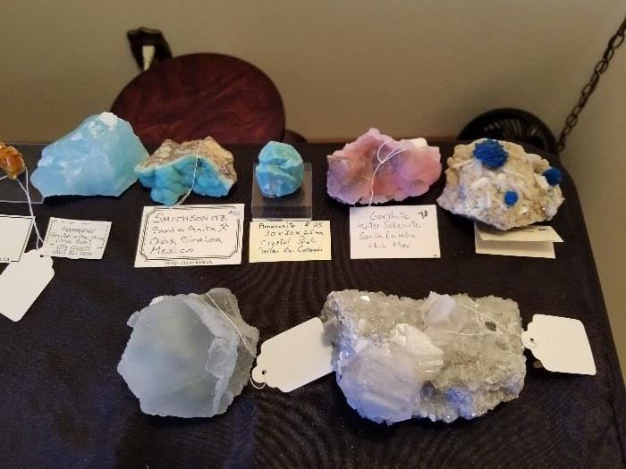 Tetrahedronal Fluorite, Aquamarine,  Wulfenite, Smithsonite, Amazonite, Goethite, Cavansite, and many, many more crystals and minerals