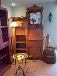 Antique Drop Leaf Desk w/ Glass Curio and Drawers