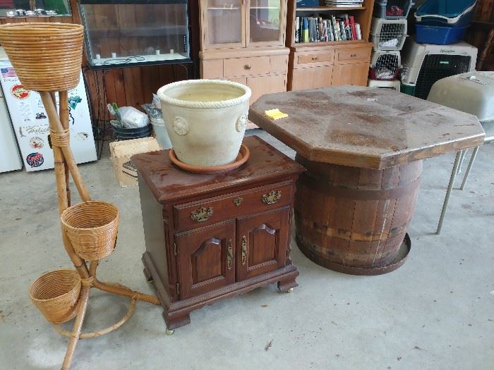 planter stand, night table, oak barrel table