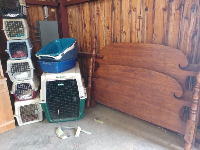 queen bed frame, dog kennels, litter boxes