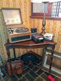 antique entry table, antique record player, cassette recorder, talkman