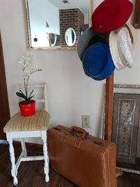 vanity chair, vintage hats, vintage luggage