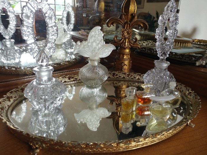 vintage vanity set, perfume bottles
