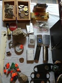 zippo, cigar, coins, pocket watch