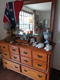 vintage dresser, baby shoes, confederate flag